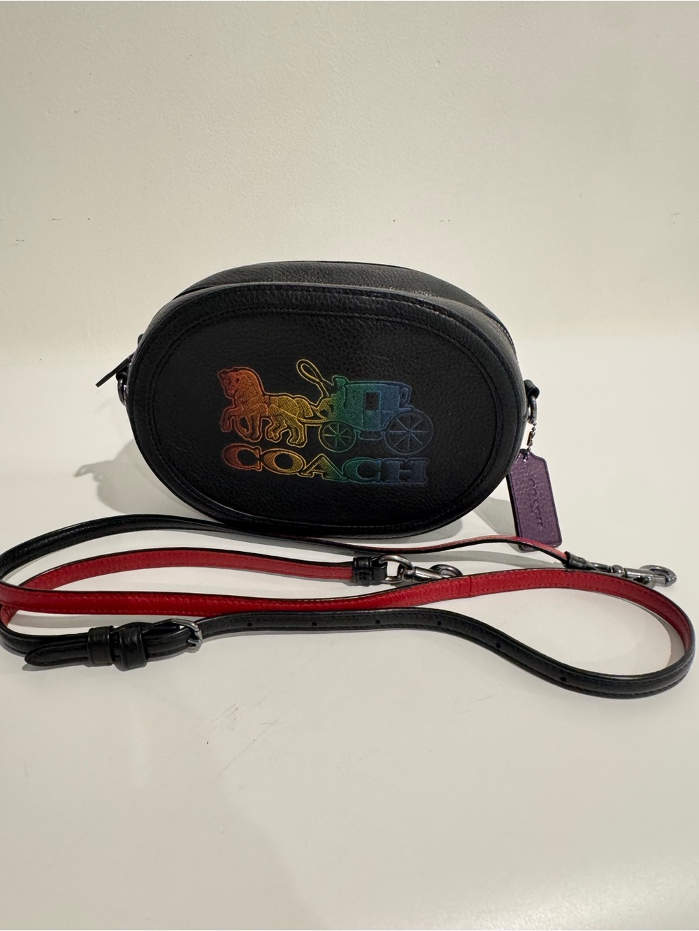 Coach Rainbow Horse & Carriage Camera Bag Black Pebble Leather Crossbody